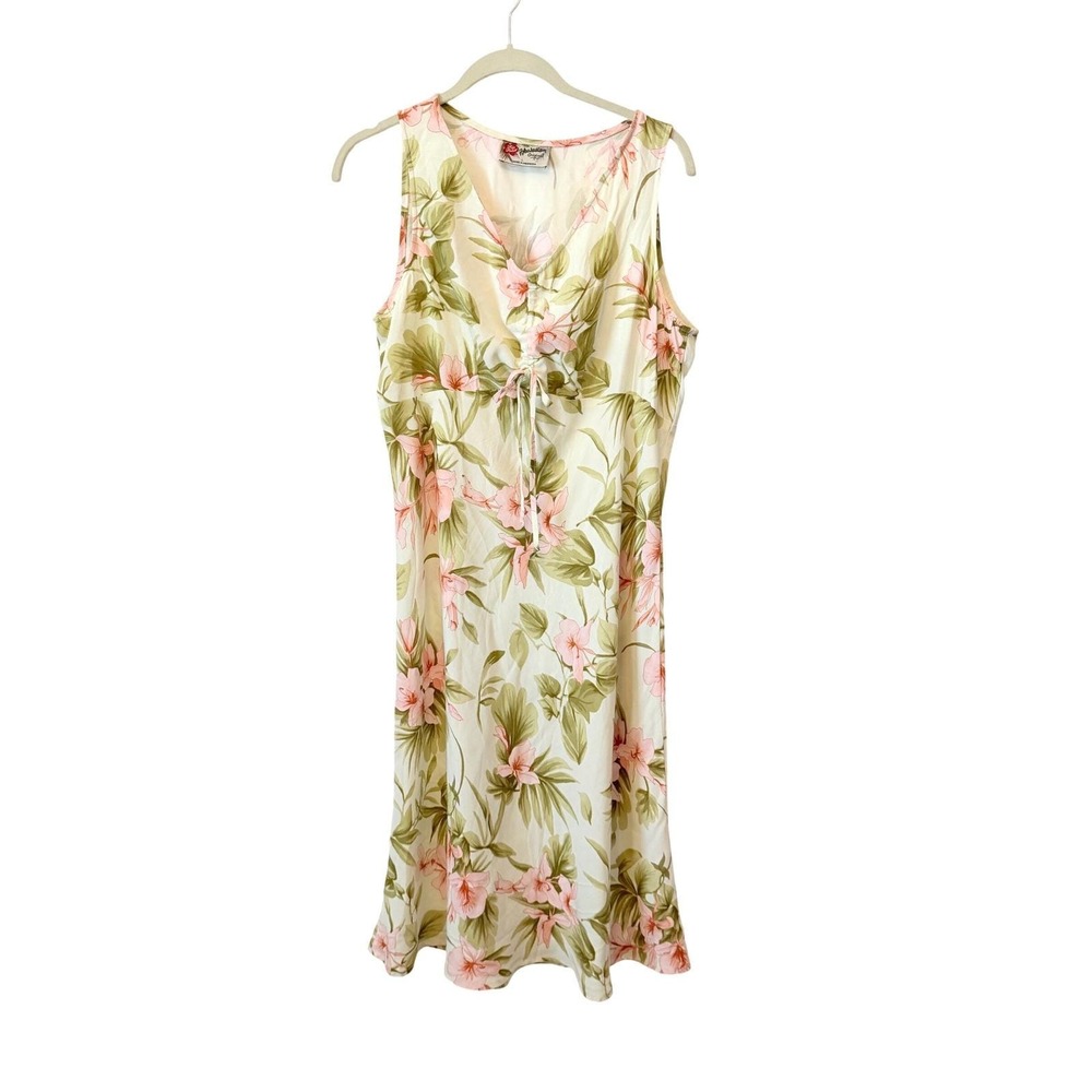 Hilo Hattie Hawaiian Original Floral Midi Dress Pink Hibiscus Tropical Large Y2K - Picture 3 of 9